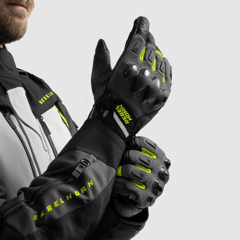 RĘKAWICE MOTOCYKLOWE REBELHORN DEFENDER BLACK GREY FLUO YELLOW