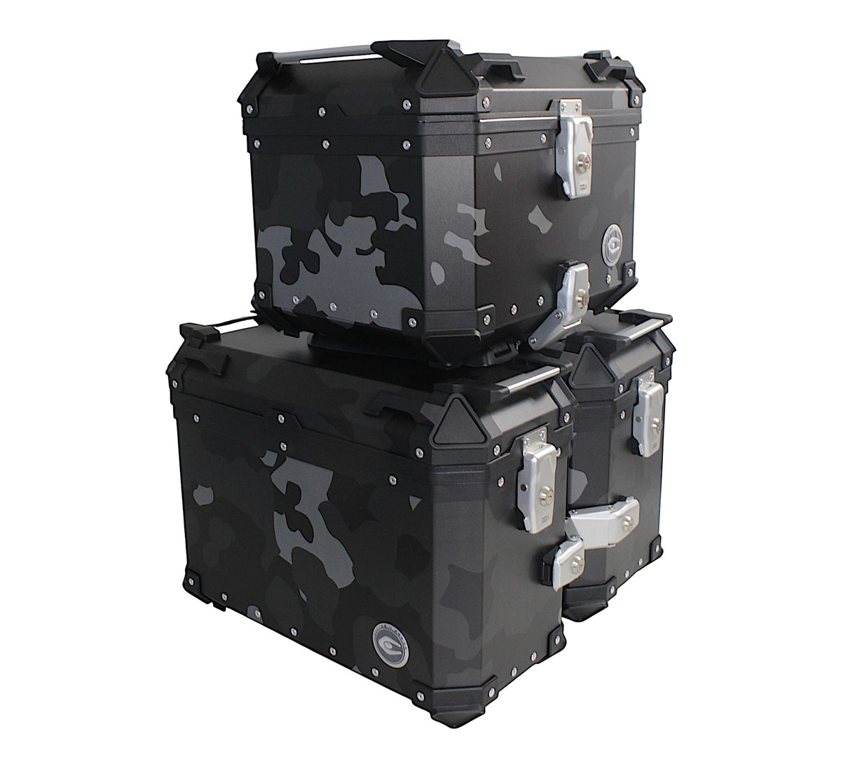 ZESTAW 3 KUFRÓW ALUMINIOWYCH (2X36L SYMETRYCZNE + 45L) COOCASE SZARY CAMO Z TORBĄ WEWNĘTRZNĄ – zdjęcie 2
