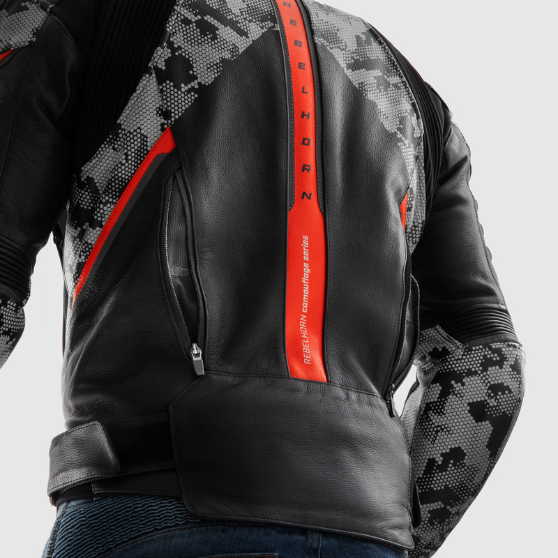 KURTKA MOTOCYKLOWA SKÓRZANA REBELHORN VELOCE CAMO BLACK GREY FLUO RED