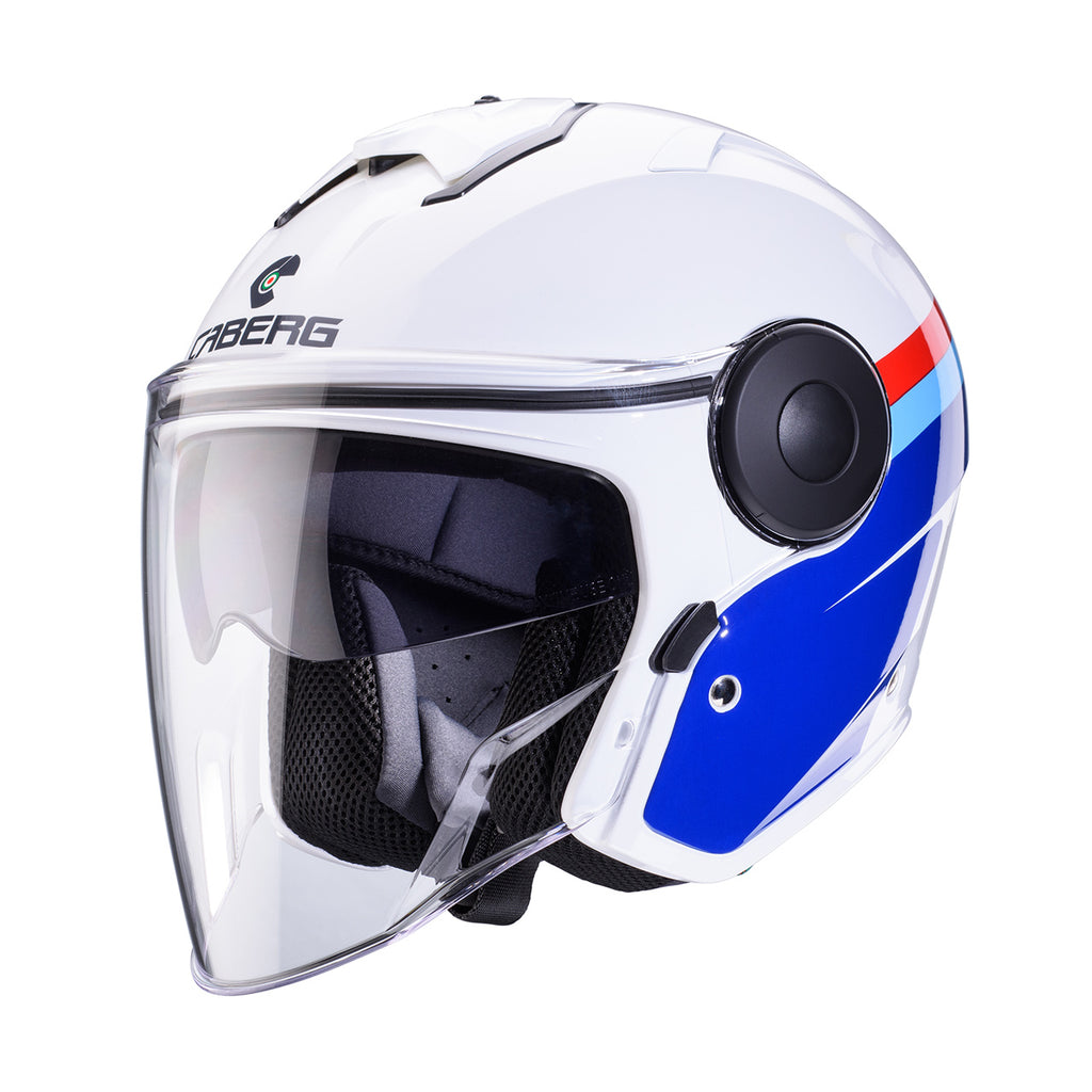 CABERG PROMOCJA KASK OTWARTY JET Z BLENDĄ MODEL SOHO ZEPHYR KOLOR BIAŁY/NIEBIESKI/CZERWONY