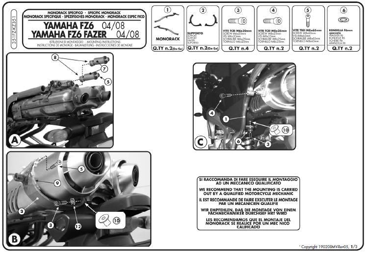 KAPPA STELAŻ KUFRA CENTRALNEGO YAMAHA FZ6 / FZS 600 FAZER (04-06), FZ6 S2 / FZ6 600 FAZER S2 (07-11) ( BEZ PŁYTY ) - PATRZ OPIS DODATKOWY – zdjęcie 2