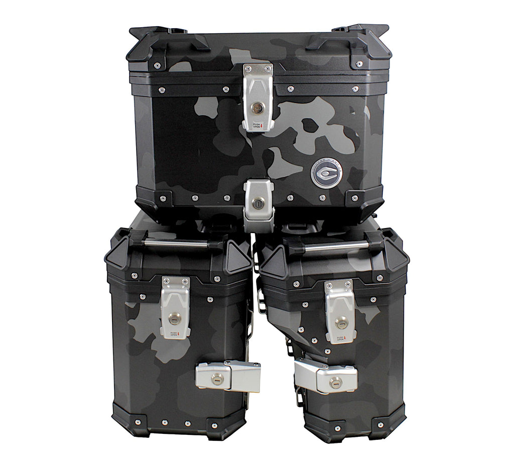ZESTAW 3 KUFRÓW ALUMINIOWYCH (30L ASYMETRYCZNY + 36L + 45L) COOCASE SZARY CAMO Z TORBĄ WEWNĘTRZNĄ