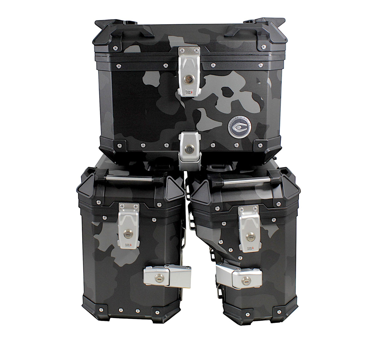 ZESTAW 3 KUFRÓW ALUMINIOWYCH (30L ASYMETRYCZNY + 36L + 45L) COOCASE SZARY CAMO Z TORBĄ WEWNĘTRZNĄ