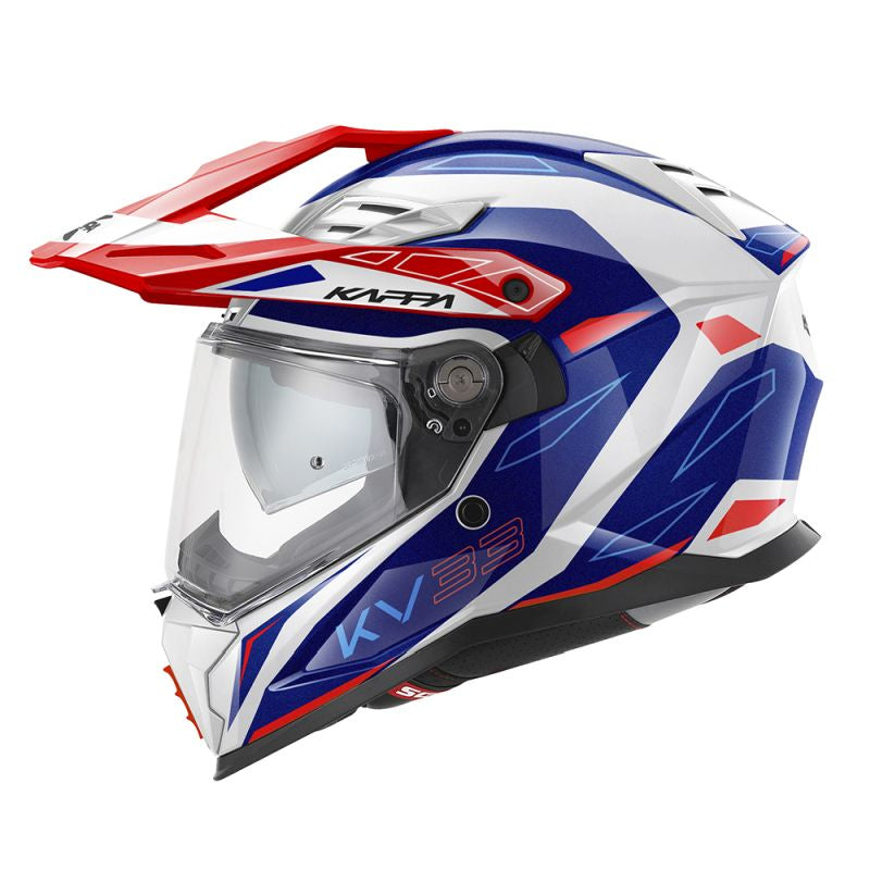KAPPA KASK KV33 GRAPHIC WIZZARD ENDURO DUAL OFF ROAD Z SZYBĄ I BLENDĄ KOLOR BIAŁY CZERWONY NIEBIESKI (HOMOLOGACJA ECE 22R06) – zdjęcie 2