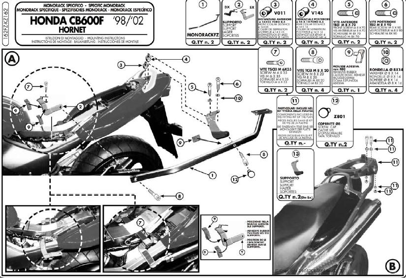 KAPPA STELAŻ KUFRA CENTRALNEGO HONDA CB 600 HORNET (98-02) ( BEZ PŁYTY )