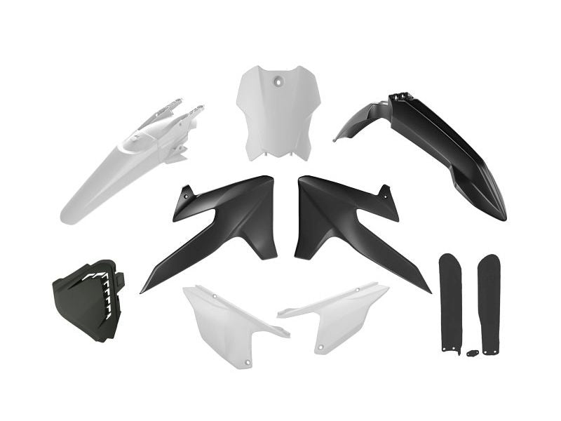 RACETECH (RTECH) KOMPLET PLASTIKÓW Z OSŁONAMI TELESKOPÓW TRIUMPH TF 250 X '24-'26, TF 450 RC '25-'26 KOLOR CZARNY / BIAŁY
