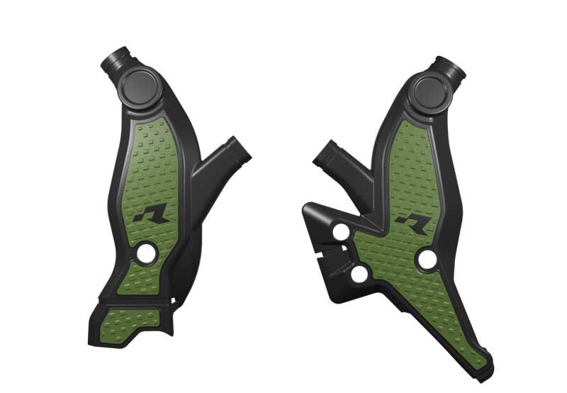 RACETECH (RTECH) OSŁONY RAMY (KOMPLET) BI-MATERIAL SUPER GRIP YAMAHA T7 / TENERE 700 '19-'25, T7 WR / WORLD RAID 700 '22-'25 KOLOR CZARNY / ZIELONY KHAKI