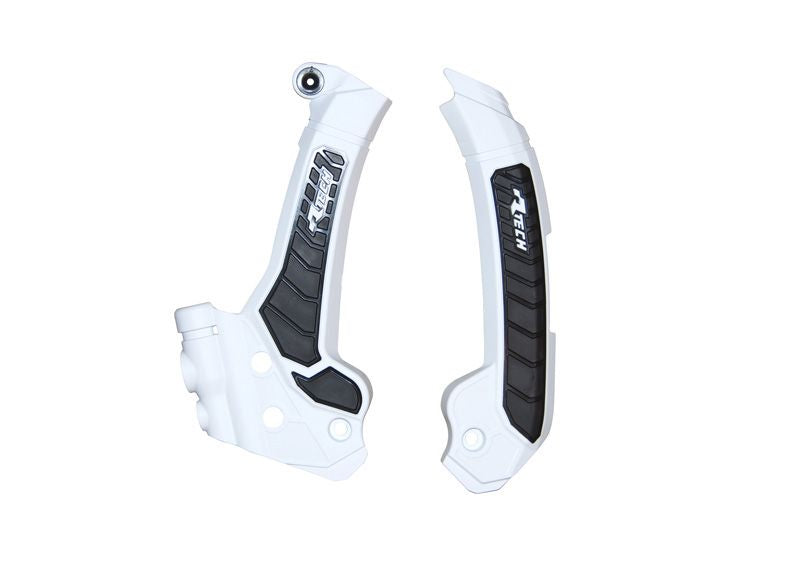RACETECH (RTECH) OSŁONY RAMY (KOMPLET) BI-MATERIAL SUPER GRIP HUSQVARNA FC 250 / 450 '22-23, FS 450 '23-24, TC / FC 125 / 250 / 300 / 350 / 450 '23-24, TE 125 / 250 / 300 / 350 / 450 / 501 '24, TX 300 / 350 / 450 '23-24 KOLOR BIAŁY / CZARNY