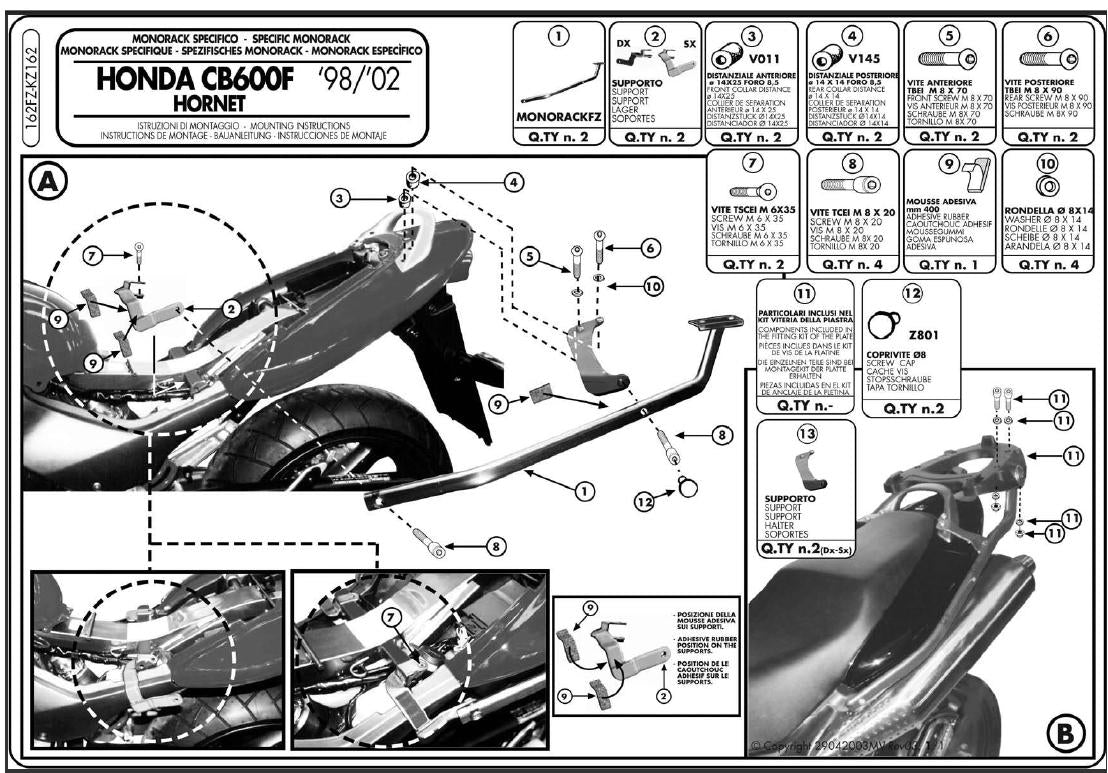 GIVI STELAŻ KUFRA CENTRALNEGO (BEZ PŁYTY) - HONDA HORNET 600 / S (98 > 02)