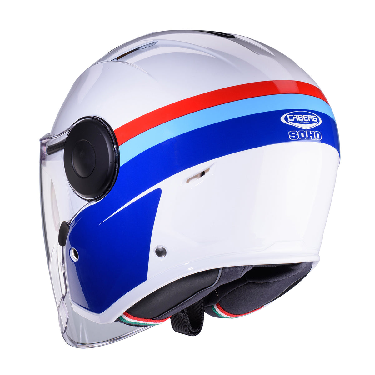 CABERG PROMOCJA KASK OTWARTY JET Z BLENDĄ MODEL SOHO ZEPHYR KOLOR BIAŁY/NIEBIESKI/CZERWONY – zdjęcie 3