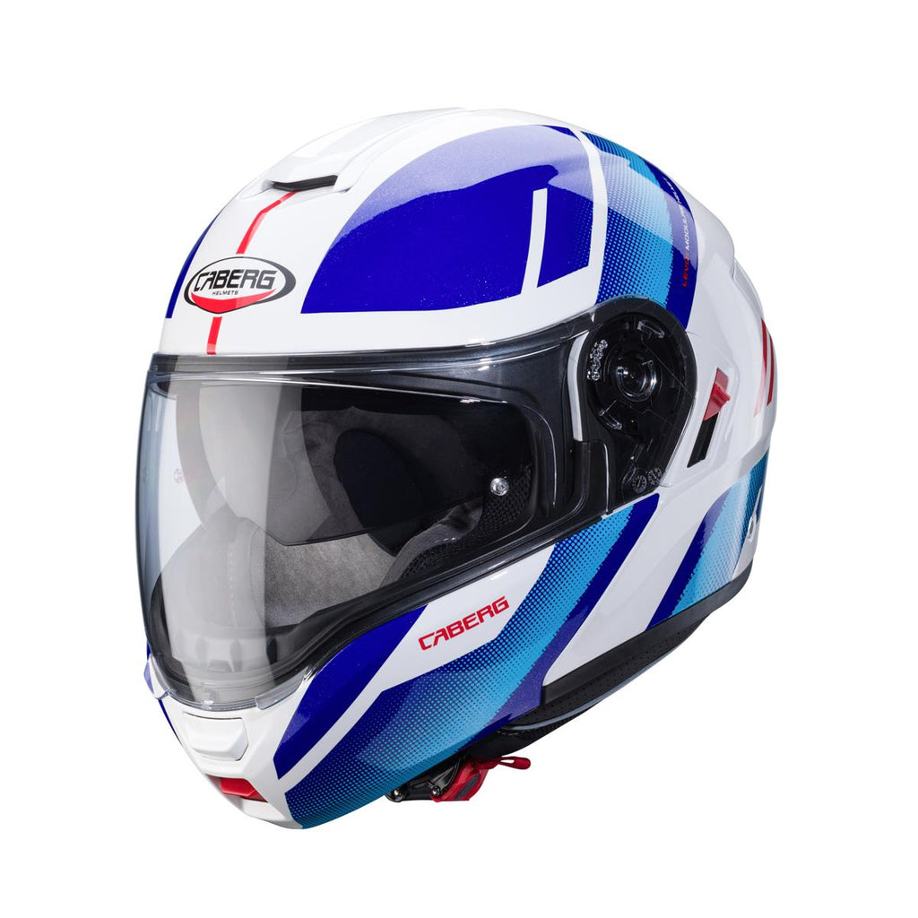 CABERG WYPRZEDAZ KASK SZCZĘKOWY FLIP-UP MODEL LEVO X MANTA KOLOR BIAŁY/NIEBIESKI/CZERWONY (PINLOCK W ZESTAWIE)