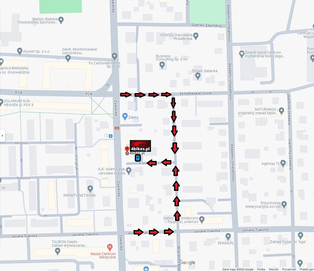 Mapa dojazdu z ulicy Żywieckiej i Juliana Tuwima na parking sklepu 4bikes.pl